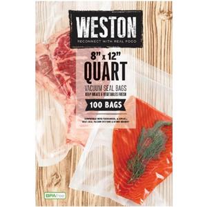 Weston Vacuum Sealer Bags for Food, 2 Ply 3mm Thick, for NutriFresh, FoodSaver & Other Heat-Seal Systems, for Meal Prep and Sous Vide, BPA Free, 8" x 12" (Quart), 100 count, Clear