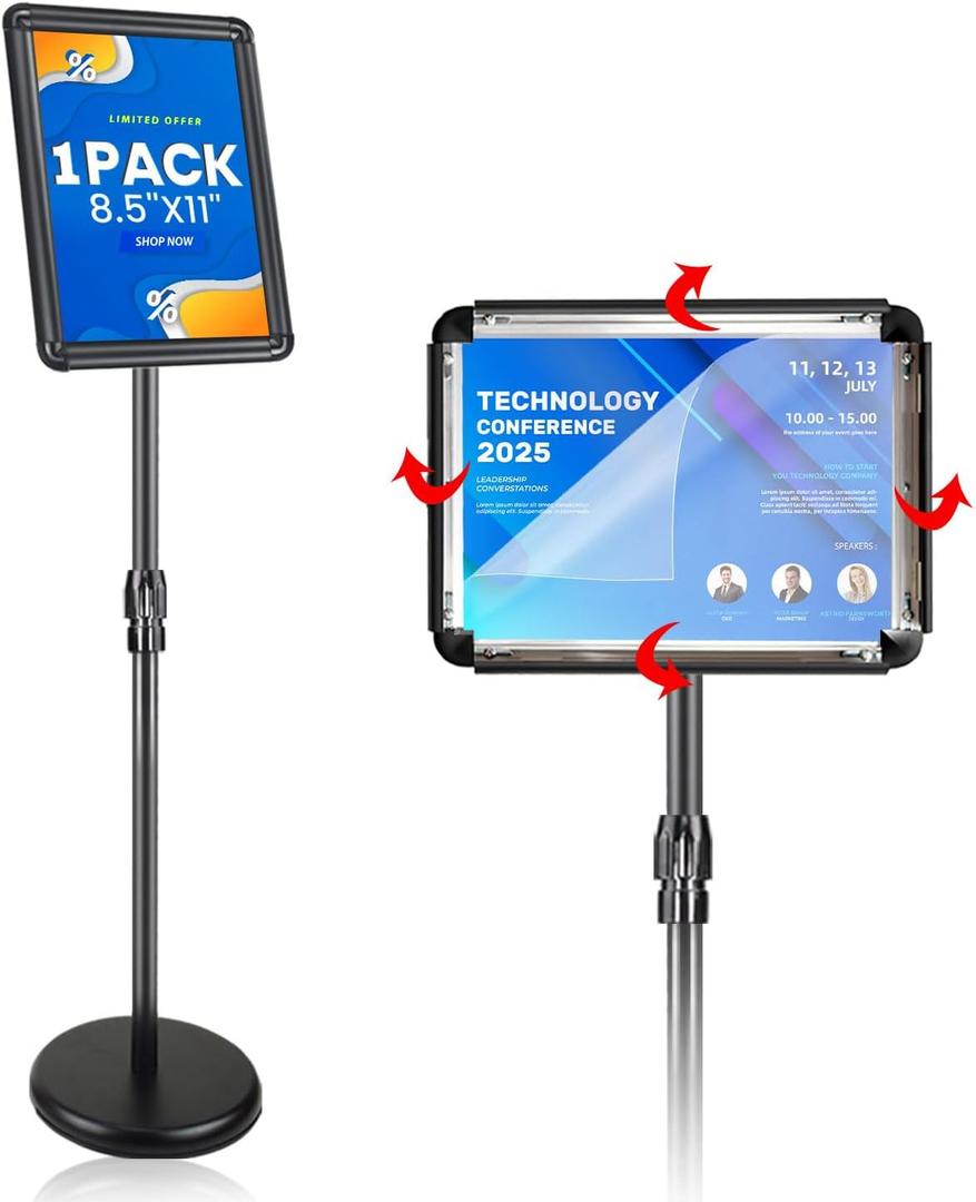 Sign Holder Stand with Rounded Safety Corners, Adjustable 31" to 52" Sign Stand Heavy Duty Floor Standing Poster Holder, Water/Sand Fillable Base for Storefront & Indoor Use, Anti-Glare Display for Signs (Black, 8.5*11 - 1 Pack)