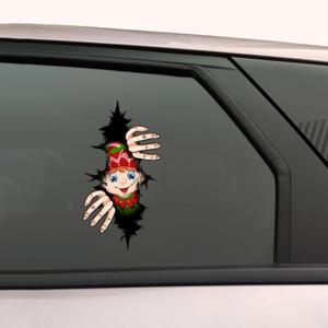 2 x Christmas Peeking Decal for Car Window Funny Santa Claus Snowman Cracking Car Sticker Double-Sided Printed Sticker for Vehicle Laptop Wall Car Decoration (Elf)