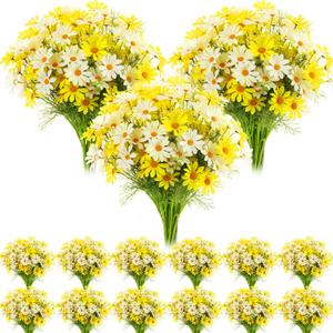 Giegxin 100 Pcs Artificial Daisy Flowers Faux Wildflowers Bulk UV Resistant Outdoor Faux Flowers Plants for Floral Arrangements Wedding Home Indoor Garden Decoration (White,Yellow)
