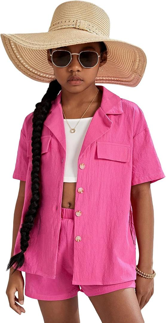 WDIRARA Girl's 3 Pieces Outfit Short Sleeve Button Front Shirt with Camisole and Shorts Set, Medium