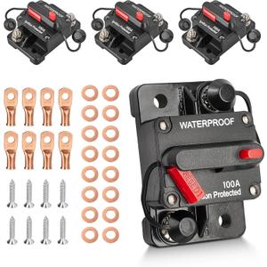 RED WOLF 4 Pack 100Amp Circuit Breaker Manual Reset Switch w/6 AWG 1/4 Battery Wire Lug Ring Terminal for Car Stereo Solar Power Systems Automotive ATV Marine Boat Trolling Motor Waterproof 12-48V DC