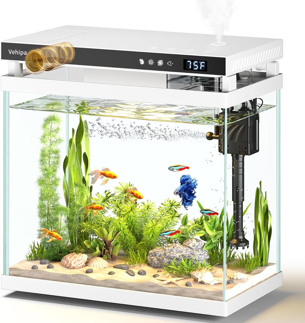 Fish Tank Aquarium, 2.2 Gallon Smart Fish Aquarium Kits with Auto Feeder, Silent Water Pump, Temperature Display, Smart Humidifier & 7-Color Lighting, for Office & Home - White