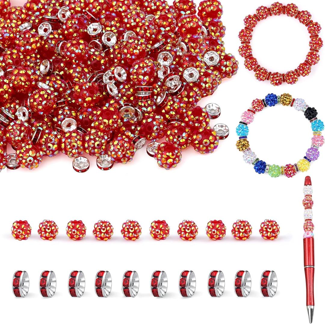 LAIDANLA 250pcs 12mm Red Rhinestone Beads and 8mm Rondelle Spacer Beads for Beadable Pens, Sparkly Shamballa Disco Baseball Bead for Jewelry Making Bracelets Necklace Earring DIY Craft