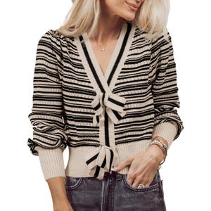 Saodimallsu Womens Striped Cropped Sweaters V Neck Cute Bow Tie Puff Sleeve Loose Knit Trendy Pullover Sweater (Small, Apricot)