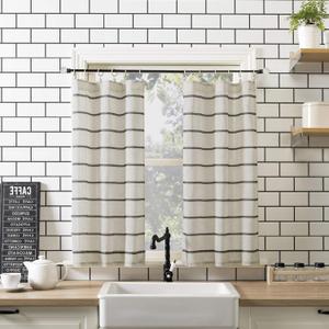 Clean Window Twill Stripe Anti-Dust Allergy/Pet Friendly Anti-Dust Sheer Cafe Curtain, 52" x 36", Black/Linen