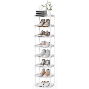 Narrow Shoe Storage Rack, Compact Single Shoerack Stand for Slim Space, Stackable Tall Thin Show Tower, Solid Plastic Shelves, for Hallways, Kitchens, Bedrooms Tidy Organizer (White, 8 Tier)