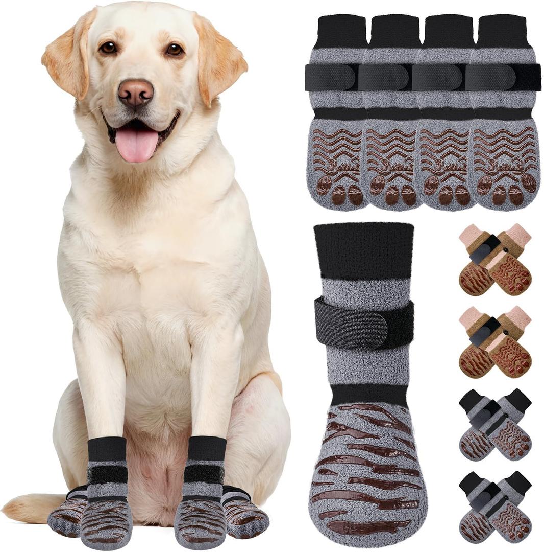 SlowTon Dog Socks with Double-Sided Grippers - 4PCS Dogs Grip Socks for Hot & Cold Pavement or Hard Floors, Non-Slip Paw Traction Protectors for Senior Small Medium Large Dogs(Grey, S)