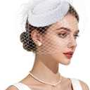 Fascinator Hat Veil Feather Fascinator Tea Party Bridal Wedding Veil Retro Hat Pillbox Hat (White)