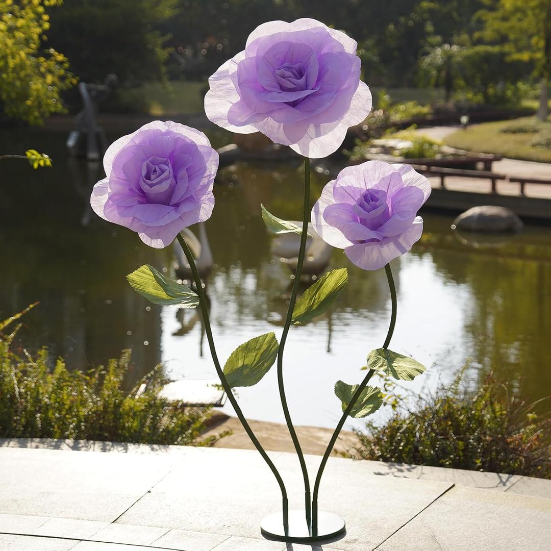 Giant Roses Artificial Flowers for Decoration with Stand,Oversized Handmade Paper Rose Decoration for Wedding, Party, Window Display, Photography Prop, Valentines Day & Event Decor(Purple)