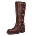 Athlefit Women's Knee High Riding Boots Fashion Buckle Square Toe Chunky Heel Wide Calf Biker Brown Boots Size 5.5, Missing Boots