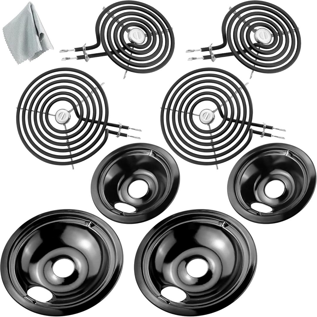 WB31M20 WB31M19 Porcelain Drip Pans and WB30M1 WB30M2 Electric Stove Burners Replacement for G*E Hot*Point Stove Top, Include 4 Pack Black Drip Pans and 4 Pack Electric Stove Element by Fetechmate