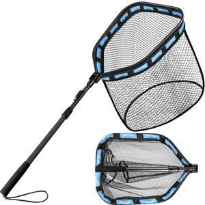 PLUSINNO Floating Fishing Net for Steelhead, Salmon, Fly, Kayak, Catfish, Bass, Trout Fishing, Rubber Coated Foldable Landing Net with Fixed or Telescoping Pole Handle, Fishing Gear and Gifts for Men