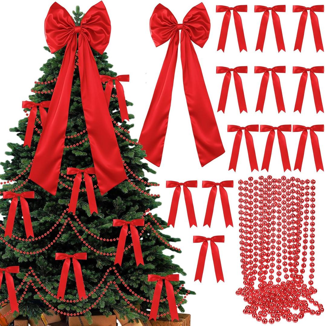 Gejoy Bow Christmas Tree Decoration Set, 30 Pcs Small Bows 1 Pcs 47" x 15.7" Large Tree Topper Satin Bows and Christmas Beads Garland Ornaments, Xmas Bead for Holiday Decor (Burgundy)