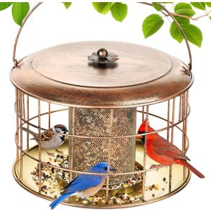 Squirrel Proof Bird Feeder, Metal Caged Bird Feeders for Outdoors Hanging, Wild Bird Feeder with Rain Proof Covered for Small Birds, Weather Resistant, Easy to Refill & Clean