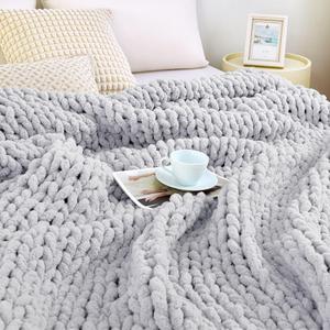 Admitrack Chunky Knit Blanket Throw, 100% Hand Knit Chenille Throw Blanket for Sofa & Home Decor, Soft and Cozy Knitted Throw Blankets (Light Gray51"x63")