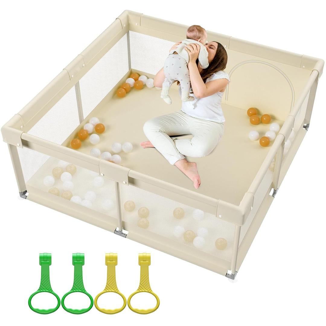 ZEEBABA Beige Baby Playpen 59x59 in, Playpen for Babies and Toddlers, Play Pen for Kids, Play Yard for Infants with Gate (Without mat)