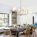 34" Boho Chandelier, with Creamy-White Fabric and Natural Rattan Arched Arms Shade Antique Brass Brush Paint Finish Pendant Lighting Fixture for Dining Room Living Room 6-Light