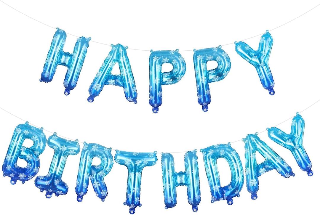 5 x 1 Set Snowflake Happy Birthday Balloon Banner for Frozen Party Decorations Blue Bday Banner for Kids Birthday Winter Wonderland Party Decor