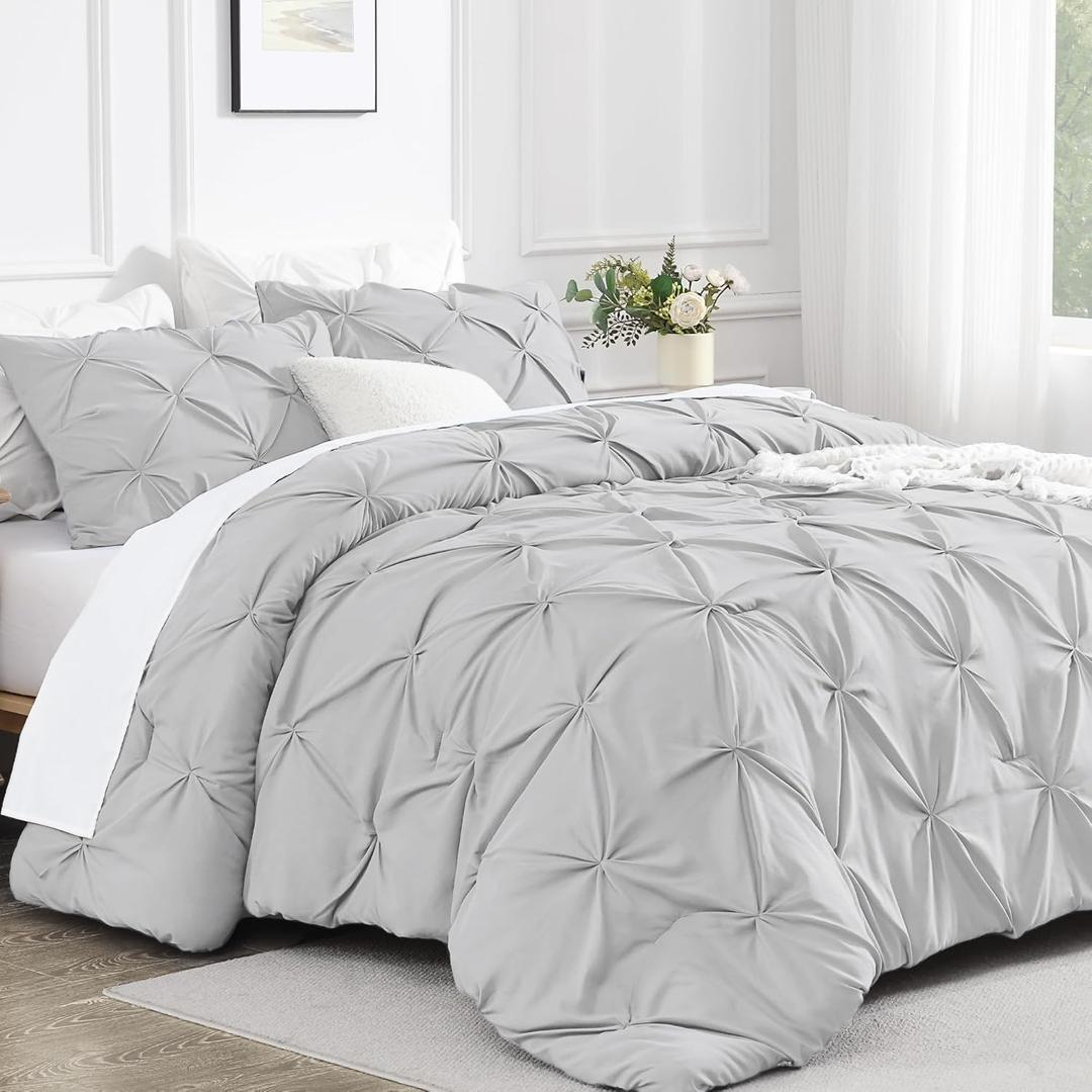 Andency Light Grey King Size Comforter Set, 3 Piece Gray Pinch Pleat Fluffy Lightweight Bedding Set, All Season Soft Microfiber Bed Set (King (104"x90"))
