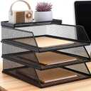 4-Piece Desk Organizer Set with 3 Slanted Paper Trays and Top Caddy, Metal Mesh Desktop File Organizer, Stackable Letter Trays for Document Storage in Home, Office, School (Black)