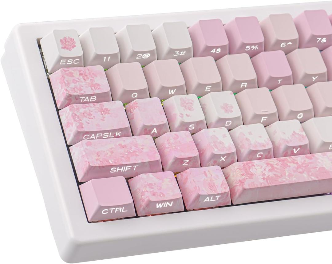 Tsungup Keycaps Cherry Blossom Tie-Dye Keycap Set - Custom Side Printed PBT Pink Keycaps,131 Keys Gradient DoubleShot Sakura Key caps Cherry Profile Keyboard Key caps for Mechanical Keyboards