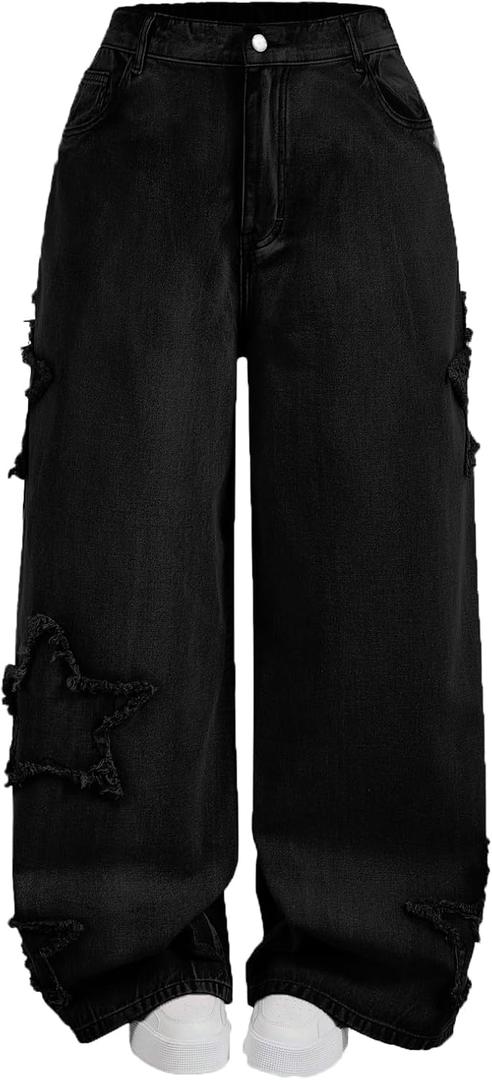High Waisted Wide Leg Jeans, Heart Pattern Distressed Denim (2X, Black Star)