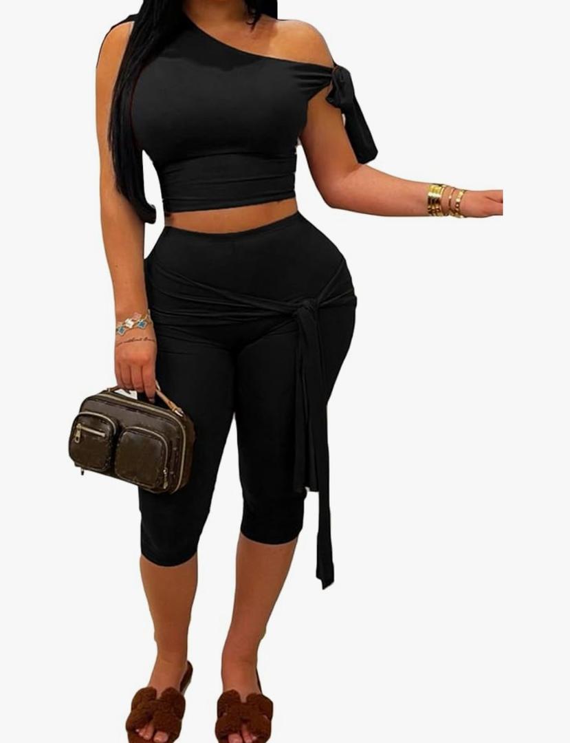 Ecirod Women Sexy Two Piece Outfits Summer One Shoulder Bodycon Shorts Sets Lace Up Slim Crop Top Capri Legging Sets, 2XL