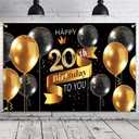 Happy 20th Birthday Backdrop Banner - 20 Birthday Party Decorations Supplies for Men - Black Gold 3.9 x 5.9ft