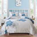 Menghomeus Floral Comforter Set Full Blue Floral Pattern Printed on Grey, Soft Microfiber Bedding Set Lightweight Boho Bed Set for All Season (1 Comforter, 2 Pillowcases)