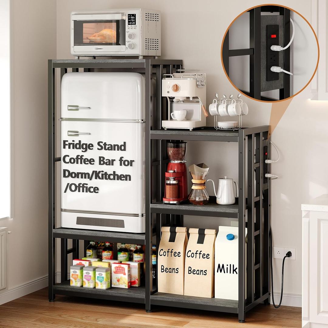 Mini Fridge Stand Coffee Bar Cabinet Station With Small Refrigerator Insert Storage Space, Shelf Organizer For Dorm Microwave To Sit On, Grey Baker Rack With Power Outlet, Big Table To Go Over Fridge (15.7"D x 40.5"W x 48.8"H)