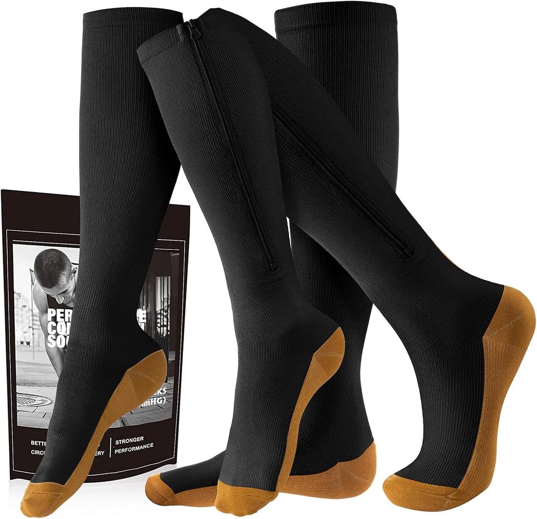 cerpite Zipper Compression Socks, 2 Pairs 15-20 mmHg Closed Toe Compression Stockings for Men Women (Large-X-Large, Black Copper)