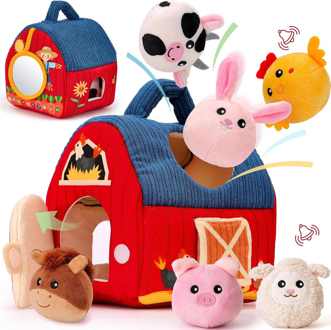 hahaland Baby Toys 6-12 Months - Surprise Barn Stuffed Farm Animals, Rattle, Crinkle, Mirror, Montessori Toys for 6 Month Old Sensory Balls 1-3, Baby Boy Gifts, Farm Plush Toys for Babies Travel Toy, Small