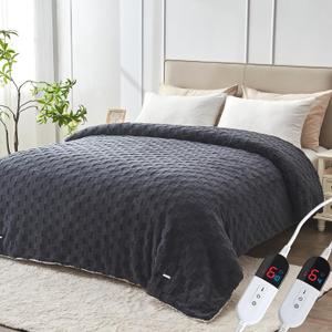 Electric Heated Blanket Queen Size Dual Control - Jacquard Checkered Sherpa 84"x90" Fast Heating Bed Blankets with 6 Heating Levels & 10 Hours Auto Off, Over-Heat Protection ETL, Dark Gray