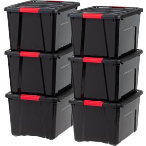 IRIS USA 40 Qt Stackable Plastic Storage Bins with Lids, 6 Pack - BPA-Free, Made in USA - Garage Organizing Solution, Latches, Durable Nestable Containers, Secure Pull Handle - Black