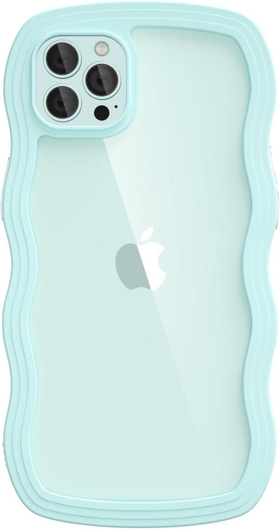 oakxco for iPhone 12 Pro Max Case Wavy Clear, Slim Thin Transparent Acrylic Hard Shell Plastic & Soft Silicone Wave Frame Bumper, Girly Cute Y2k Curly Phone Case for Women Girls Aesthetic, Mint Green