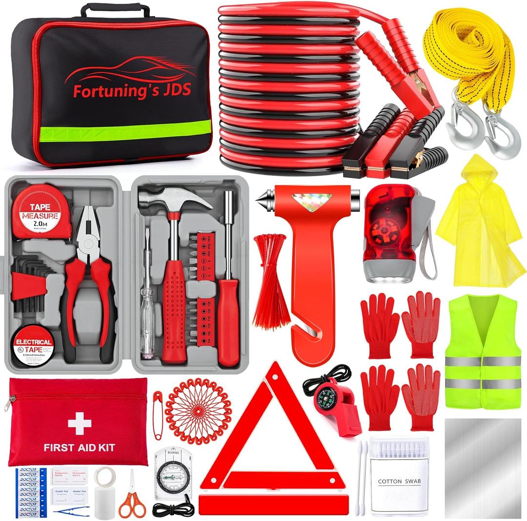 298PCS Roadside Emergency Car Kit- Car Emergency Kit with Jumper Cables, Roadside Emergency Kit for Vehicles, Emergency Car Kit, Car Safety Kits, Gloves,Tow Strap,Tool Kit,Reflective Warning Triangle (Red)