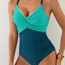 Aidonger Women's One Piece Swimsuit Tummy Control Front Cross Bathing Suit Color Block Slim Tie Back High Waisted Swimwear (Blue, L)
