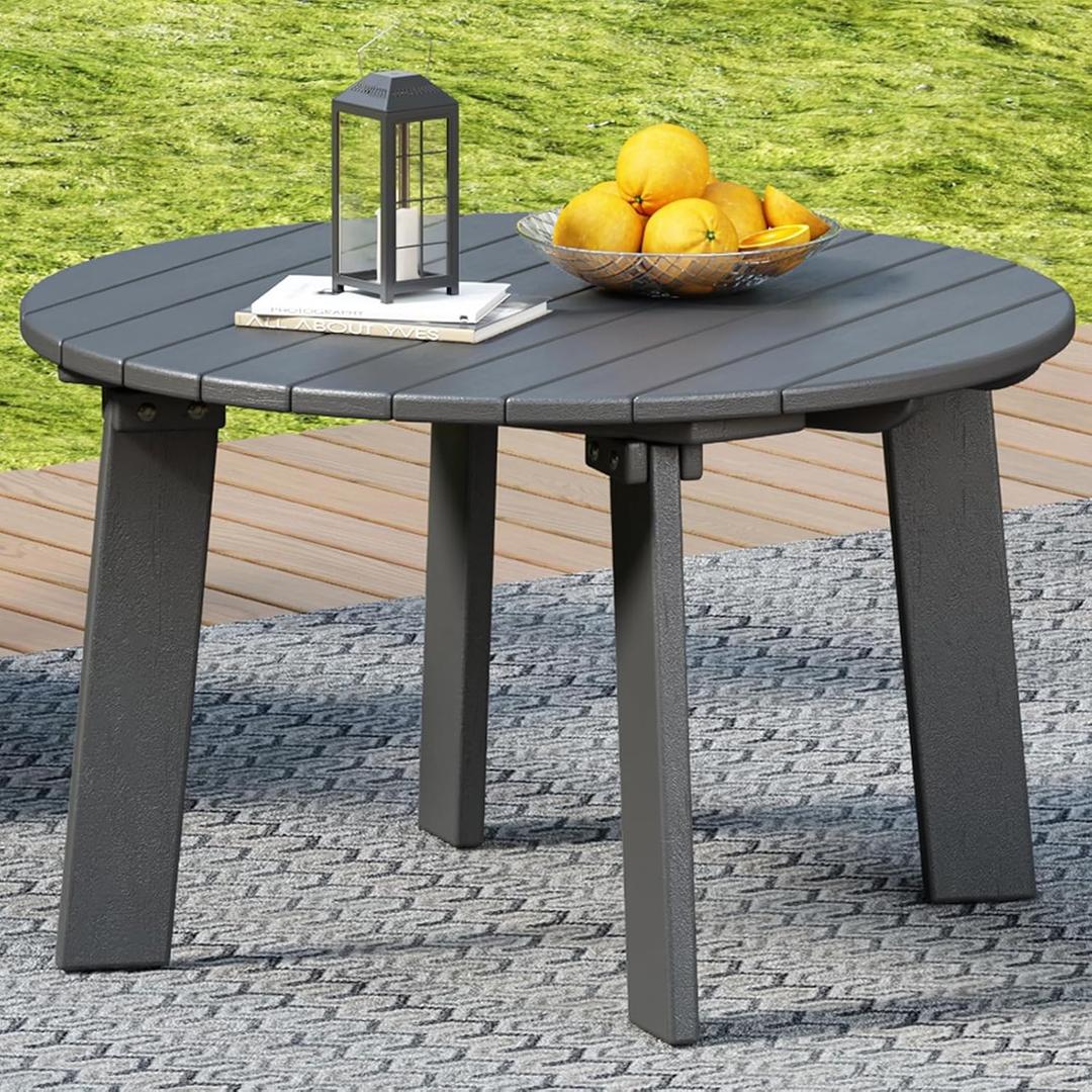 31.5" Outdoor Round Coffee Table, Adirondack Patio Coffee Table, Outdoor Large Side Table for Balcony Lawn (Grey), 31.5" L x 31.5" W x 17.7" H