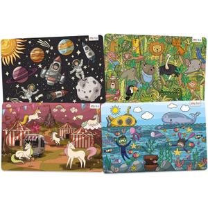 Merka 4 Pack Kids Placemats for Dining Table, Plastic Placemats for Kid, Reusable & Wipeable, Set of 4 Ocean Space Jungle Unicorns for Ages 2 and Up