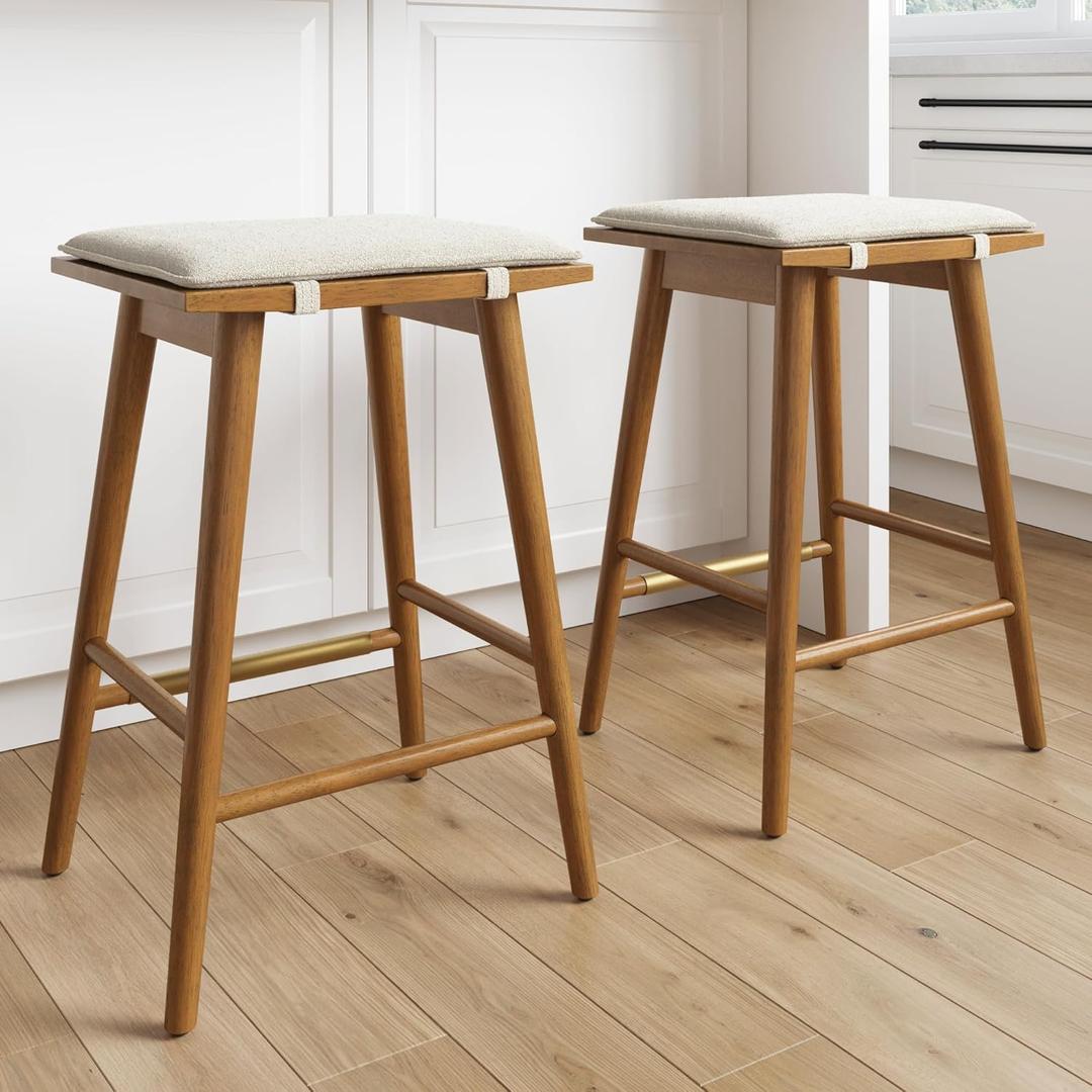 Nathan James Barker Counter Height Solid Wood Barstool with Upholstered Cushion, Backless Island Stool with Rubberwood Legs and Natural Textured Linen Upholstery for Kitchen, Brown/White, Set of 2