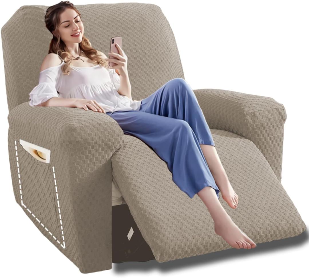 YEMYHOM 4 Pieces Oversized Stretch Recliner Slipcover Latest Jacquard Large Recliner Chair Cover with Side Pocket Anti-Slip Fitted Furniture Protector with Elastic Bottom (X-Large Recliner, Khaki)