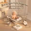 6-in-1 Collapsible Baby Bathtub Set with Thermometer, Foldable Infant Tub for Newborn to Toddler, Portable Bath Set with Cushion, Rinse Cup, Cap, Towel & Mitt, All-in-One Baby Bath Essentials