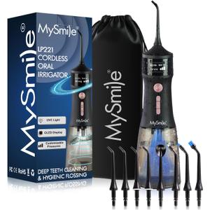 MySmile LP221 UVC Sterilizable Cordless Water Flossers for Teeth 335ML Portable OLED Display Dental Flosser with 4 Modes 8 Jet Tips and a Storage Pouch for Home and Travel 