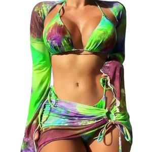 4 Piece Swimsiut for Women, Multi-Color Halo Dye Tie Dye Floral Butterfly Sleeved Pleated Drawstring Bikini Cover Up Skirt (Large, Green)