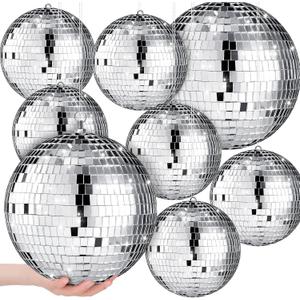 Haull 8 Pcs Large Disco Ball Set Silver Mirror Disco Reflective Ball with Hanging Ring Party Ornament Decoration for Stage Club Ballroom Dance Hall Wedding Prom Props(8'', 6'')