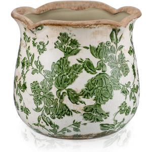 Newtay 6 Inch Ceramic Planter Green Scroll Planter Decorative Plant Pots with Crackle Glaze for Home Garden Kitchen
