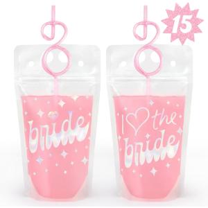 xo, Fetti Bachelorette Party Decorations Bride Foil Drink Pouches - 15 ct | Bach Party Drinkware, Cute Bridal Shower Cups, Bridesmaid Favor, Engagement Party Supplies