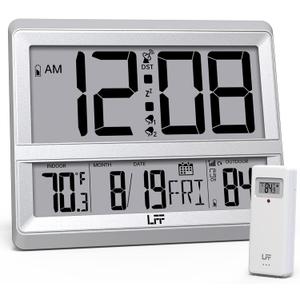 LFF Atomic Clock Large Display, Digital Wall Clock with Indoor Outdoor Temperature and Date, Wireless Outdoor Sensor, Digital Desk Alarm Clock Battery Operated for Bedroom, Easy to Read,Sliver (Silver)