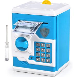 ATM Piggy Bank for Boys Girls, Vcertcpl Mini ATM Coin Bank Money Saving Box with Password, Kids Safe Money Jar for Adults with Auto Grab Bill Slot, Great Gift Toy Bank for Kids(Blue White)
